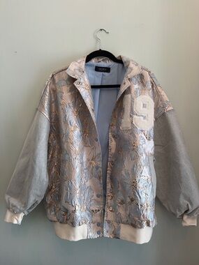 AKIRA Metallic Floral Denim Jacket in Silver and Light Gray. Oversized fit XS-L